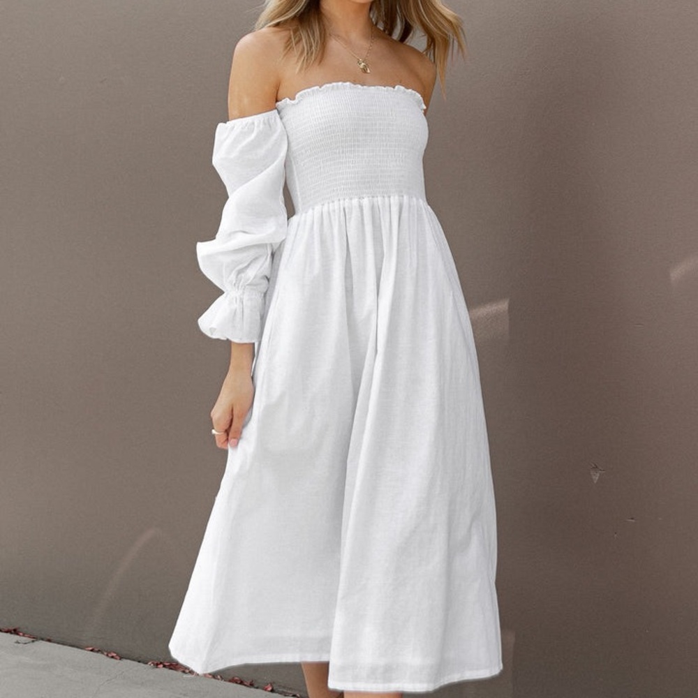 Petal & Pup DOMENICA SHIRRED LONG SLEEVE MIDI DRESS - WHITE